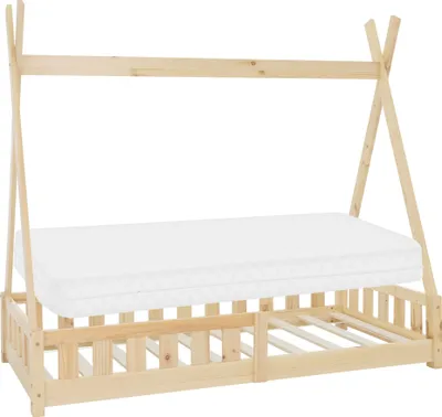 Obrázok produktu pre ML-Design detská posteľ tipi 80x160 cm s matracom, ochranou proti vypadnutiu a lamelovým roštom, vyrobená z borovicového dreva, prírodná, domčeková posteľ s plotom podlaha postele drevená posteľ