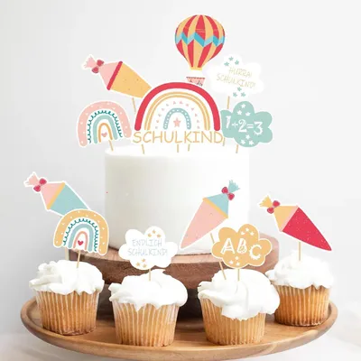 Produktbild von Tortendeko Einschulung 12-teilig Regenbogen Cupcake Toppers Schulanfang Deko Rosa