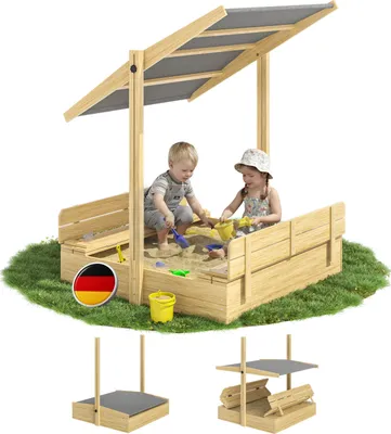 Produktbild von SPIELWERK® Sandkasten Toni Sonnendach Sitzbank 120x120x120cm Naturholz Fichtenholz UV-Schutz Sandbox UV50+ Kantenschutz Bodenvlies Outdoor Kinder