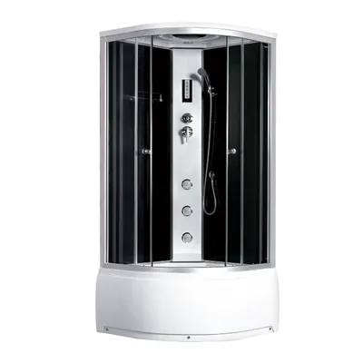 A modern hydromassage shower cabin with a white base and black glass panels, set against a white background.