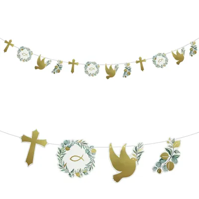 Produktbild von Oblique Unique Girlande mit 12 christlichen Motiven Fisch Kreuz Taube Zweig für Taufe Kommunion Konfirmation Hochzeit Deko