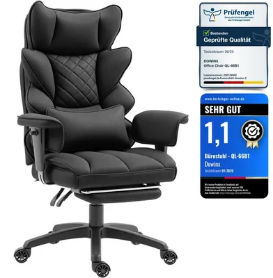Produktbild von Gaming-Bürostuhl ergonomisch mit Taschenfederkissen, doppellag. Rückenlehne, verstellbarem Lendenkissen, Armlehnen & Fußstütze.SchwarzFARBIC