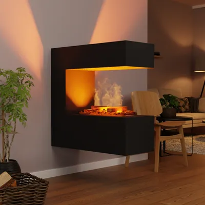 Produktbild von GLOW FIRE Elektrokamin 'Schiller Wandkamin' | Wasserdampf Kamin mit OMC 400 inkl. Deluxe Echtholz in schwarz als Raumteiler | HxBxT: 90x90x37 cm