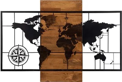 A wall decoration featuring a world map with a compass rose.