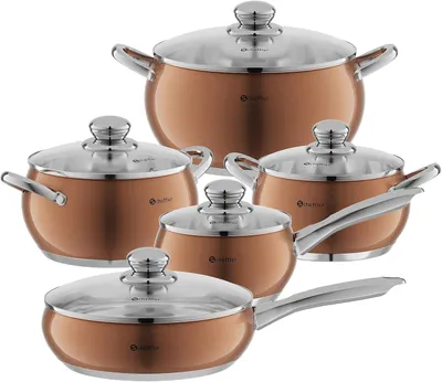 Produktbild von Topfset mit Deckel, 10-teilig, für alle Herdarten | Edelstahl-Kochtopfset, 16/18/20/24/24 cm