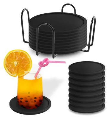 Produktbild von Set mit 8 schwarzen Untersetzern aus Silikon für Gläser
