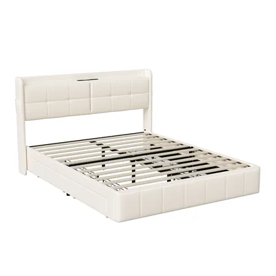 Immagine prodotto di Letto imbottito ProximaX inPoliuretanobianco (160x200cm) con 4 cassetti, letto matrimoniale con connessione USB, ripiano e rete a doghe