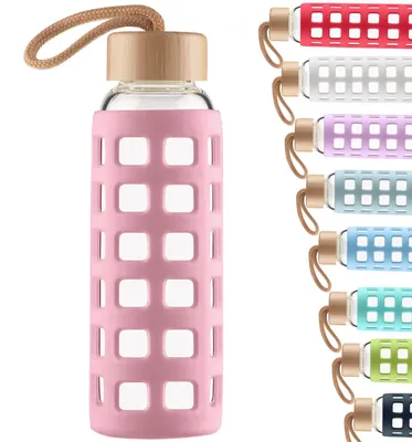 Imagen del producto de Botella deportiva de vidrio con funda de silicona y tapa de bambú, de 360 ml, ideal para actividades físicas