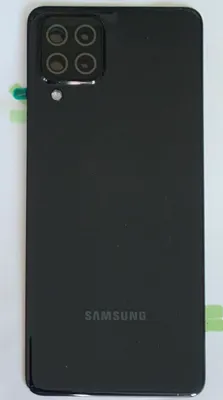 The back of a black Samsung smartphone is shown against a white background.