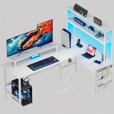 Zdjęcie produktu dla Ergonomiczne biurko komputerowe - biurko w kształcie litery L - biurko do gier - biurko narożne - mebel biurowy - z uchwytem na monitor