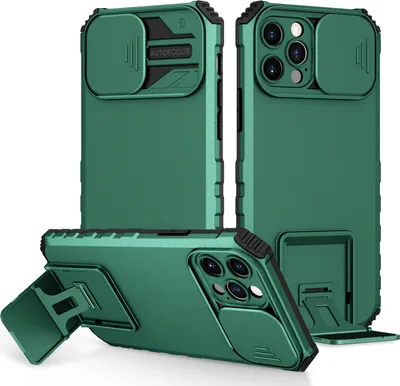 Obrázek produktu pro Pouzdro pro iPhone 12 Pro dvouvrstvé robustní, vojenská ochrana pouzdro s stojánku a posuvnou ochranou kamery zelené