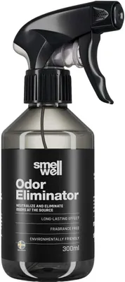 A black spray bottle of SmellWell Odor Eliminator against a white background.