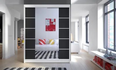 Produktbild von Kleiderschrank mit Spiegel CHANNA 5 – Breite 150 cm, weiß/schwarz