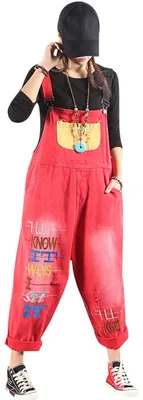 Productafbeelding van Bigassets: Damen jeans, overall met schort, mouwloos, jumpsuit, model 1, rood