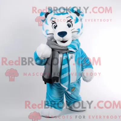 Produktbild von Cyan REDBROKOLY Tiger Maskottchen Kostüm Charakter bekleidet mit einer Jacke und Schal Clips