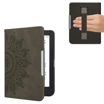 Produktbild von kwmobile Klapphülle kompatibel mit Kobo Clara 2E / Tolino Shine 4 - Hülle aus Kunstleder für eReader - mit Handschlaufe - Aufgehende Sonne Grau