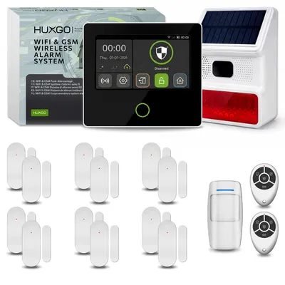 Image de Kit de système d'alarme HUXGO Wi-Fi + GSM 4G avec sirène solaire, 1 détecteur de mouvement et 12 capteurs de porte, HXA502 B