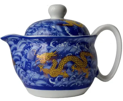 Porzellan-Teekanne, 350 ml, Drachenmotiv, mit Filtereinsatz, kobaltblau