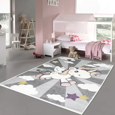 Produktbild von Kinderteppich Spielteppich Babyteppich mit Einhorn Regenbogen in Grau Creme Größe - 160 x 230 cm