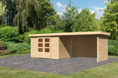 Produktbild von Karibu Gartenhaus Gerätehaus Askola 5 im Set mit Anbaudach 2,80 m Breite und 19 mm Seiten- Rückwand naturbelassen 557x246x211 cm