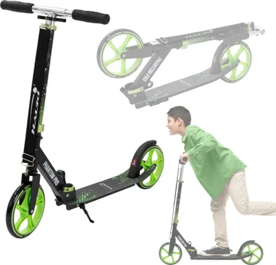 A collage of images showing a black and green scooter, a diagram of the scooter folded, and a child riding a scooter.