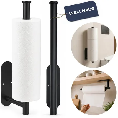 Image de Support mural WELLHAUS pour rouleaux de cuisine, 33 cm, noir, sans perçage