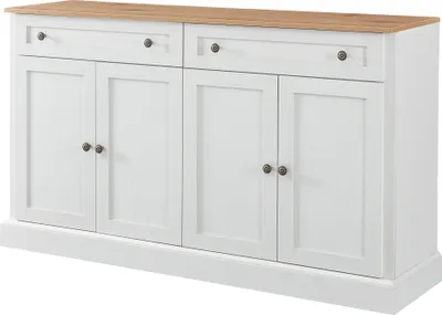 Produktbild von AIORBER Sideboard mit 4 Türen, 2 Schubladen, verstellbaren Regalen, Retro Design, Naturholz/Antikweiß