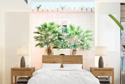 Obrázek produktu pro MuchoWow® fototapeta do obývacího pokoje nebo ložnice vinylová tapeta s motivem dveří - Marrakech - palma - bílá - tropická - 175x240 cm - tapeta do ložnice