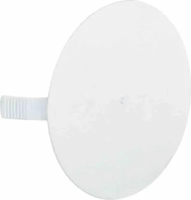 A white, round lid with a ribbed tab attached to the side, isolated on a white background.