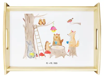 Produktbild von Mr. & Mrs. Panda Tablett Waldtiere Picknick - Weiß - Geschenk, aus holz, Dekotablett, Eichhörnchen, Igel, Serviertablett, Lustige Sprüche, Fuchs, Servier, Maus, Wald
