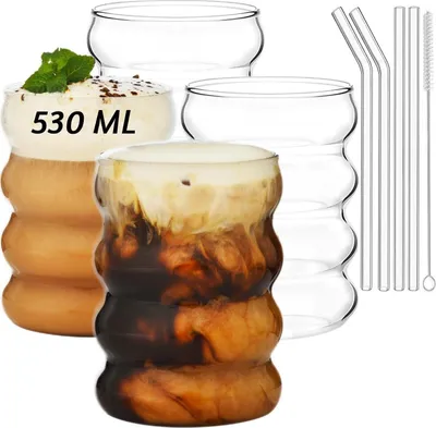 Obrázok produktu pre ALINK Plus Size rebrované poháre na pitie so sklenenými slamkami sada 4 530 ml - dizajn bublinkovej vlny