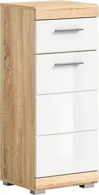 Image de Armoire de salle de bain LEWOTO – 1 porte et 1 tiroir – Blanc et chêne clair