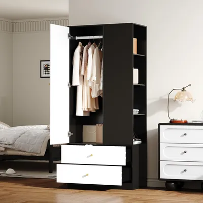 Image de Armoire à une porte avec miroir, penderie moderne, 2 tiroirs et 4 étagères, rangement polyvalent pour la chambre à coucher