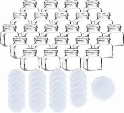 Immagine prodotto di set di 24 barattoli da conserva 120 ml quadrati con tappo a vite bianco - Barattolo vuoto con coperchio per il riempimento - Barattolo a vite per marmellata, spezie