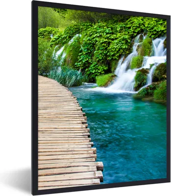 Produktbild von MuchoWow® Gerahmtes Poster Brücke - Wasser - Pflanzen - Wasserfall - Grün 30x40 cm - Poster mit Schwarzem Bilderrahmen Wandposter Rahmen Foto Bilder - Wanddeko - Kunstdrucke