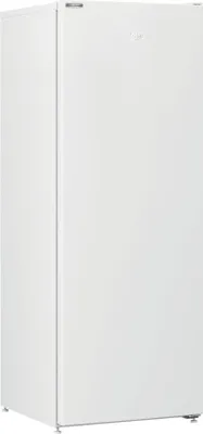 A white upright freezer is shown from a three-quarter side view against a white background.