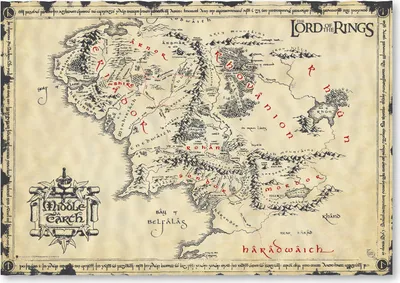 A map of Middle-earth from The Lord of the Rings, with various locations marked.