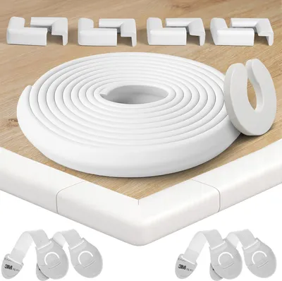 Image de Protection d'angles pour bébé - Ensemble comprenant : 6 protections d'angles d'une longueur totale de 4 mètres, avec 8 protections d'angles adhésives, des protections de bords, 4 serrures de tiroirs et un butoir de porte, fabriqués en mousse