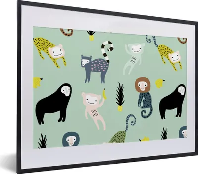 Produktbild von MuchoWow® MuchoWow® Gerahmtes Poster Affe - Obst - Pastell 40x30 cm - Poster mit zchwarzem Bilderrahmen - Bilderrahmen - Poster im Rahmen