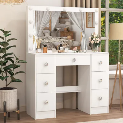 Image de Table de maquillage moderne avec miroir LED - Blanche - 100x40x140 cm - En MDF et verre - 7 tiroirs