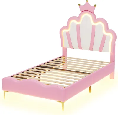 Produktbild von Flachbett 90x200cm Doppelbett (Ohne Matratze) Rosa PolyurethanKronenförmiges Prinzessinnenbett Mit verstellbarer LED-Umgebungslichtstreifen
