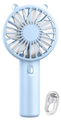A light blue handheld fan with a USB charging cable.