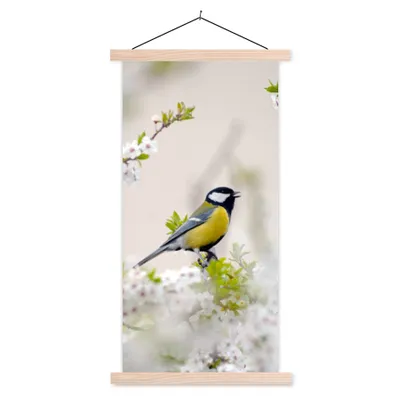 Produktbild von MuchoWow® Textilposter Vogel - Kohlmeise - Blumen - Blütenbaum 60x120 cm mit holzfarbenen Rahmen - Holz