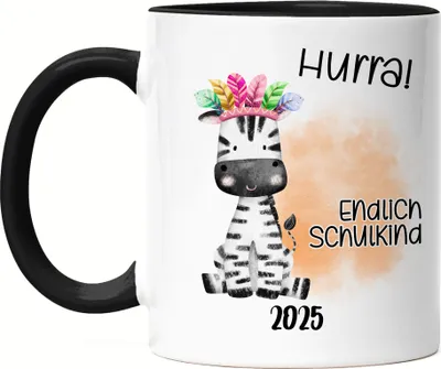 Produktbild von Endlich Schulkind 2025 Zebra Tasse Schwarz Einschulungs-Geschenk Erstklässler Schulanfang