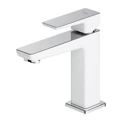 A white and silver faucet is shown against a white background.