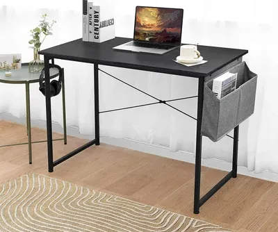 Obrázek produktu pro Počítačový stůl - Rohový stůl ve tvaru L - 120 x 60 cm - S kolečky - S úložným prostorem - Se skříňkou - Skládací - Dřevo - Černá barva