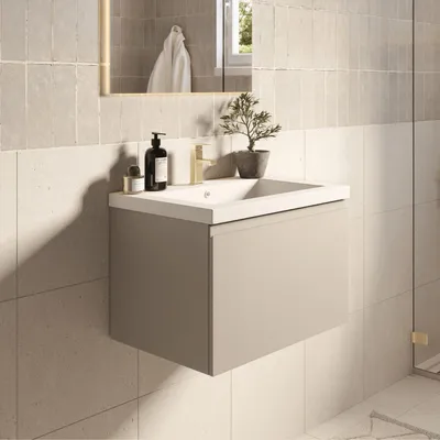 Produktbild von LOMAZOO Badezimmermöbel Greige 60cm - Weißes Waschbecken - Beige-graues Waschbeckenmöbel - Schwebender Waschbeckenunterschrank [MODENA]