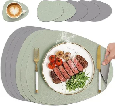 Produktbild von Set aus 6 Untersetzern und Tischsets aus Kunstleder, abwaschbar, oval, beidseitig, rutschfest, Kunstledertischset im Lederlook (Salbei)