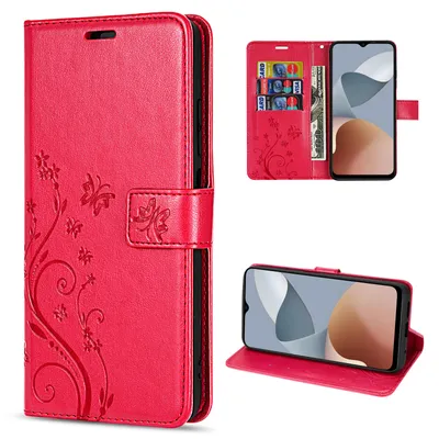 A collage of images showing a red phone case with a floral design, including a view of the case open with cards and cash inserted, and a view of a phone inside the case.