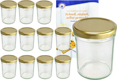 A set of glass jars with gold lids, along with a recipe booklet, displayed on a white background.